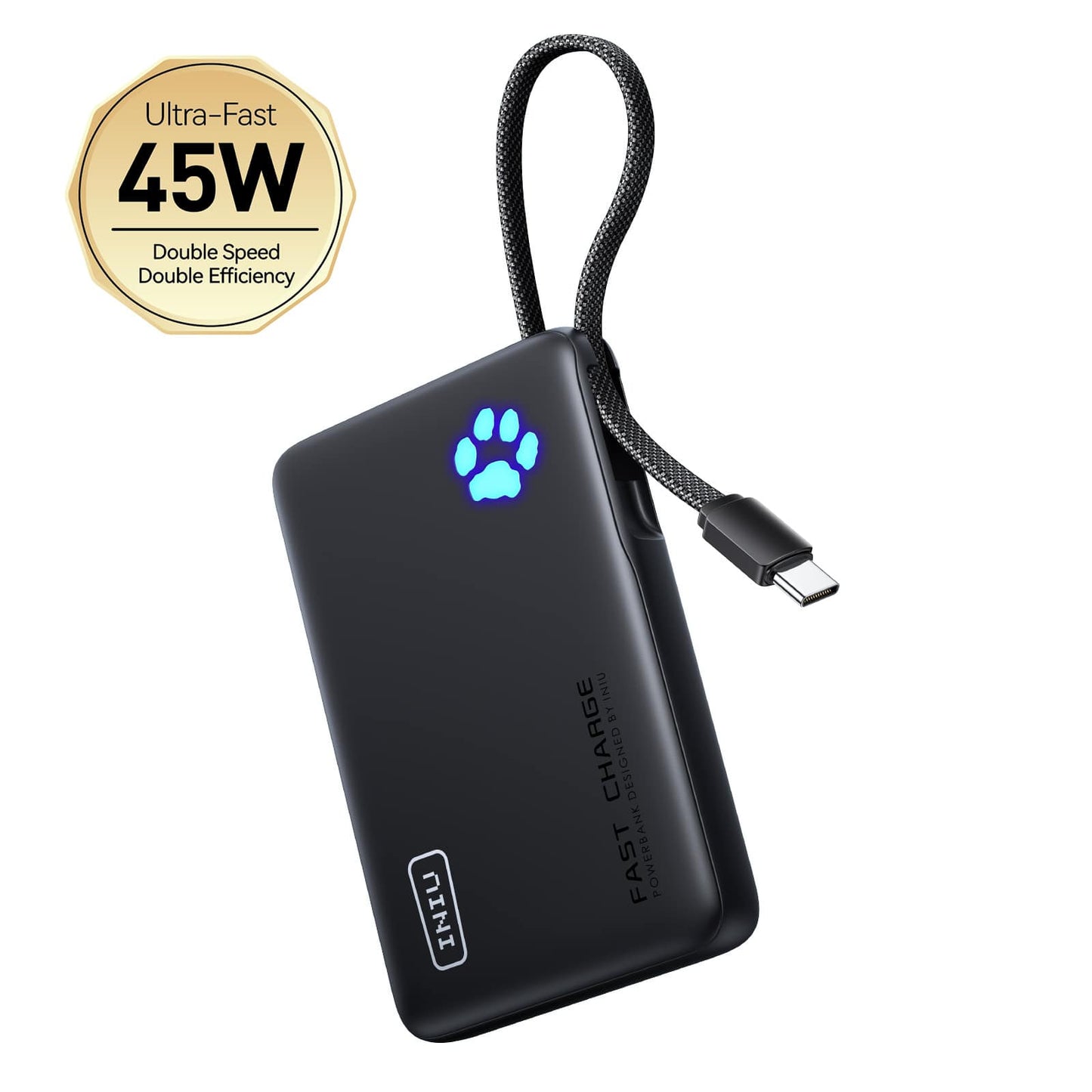 INIU - Portable Charger Compact 10000mAh PD 45W Power Bank with Built-in Cable Paw Indicator for iPhone Samsung Pixel etc - Black
