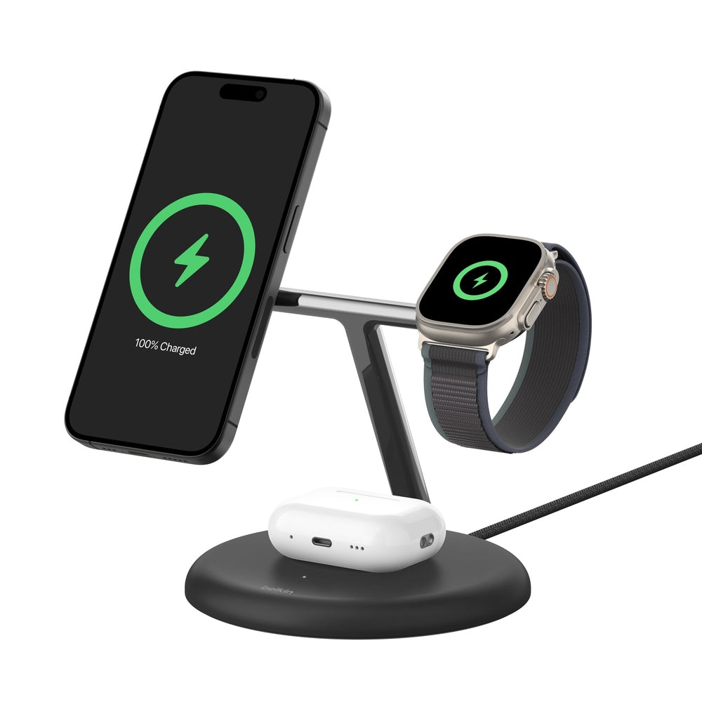 Belkin - 3-in-1 Stand 15W Qi2 Wireless Charger Fast Charging for iPhone 17 AirPods Watch More (36W Included) - Black