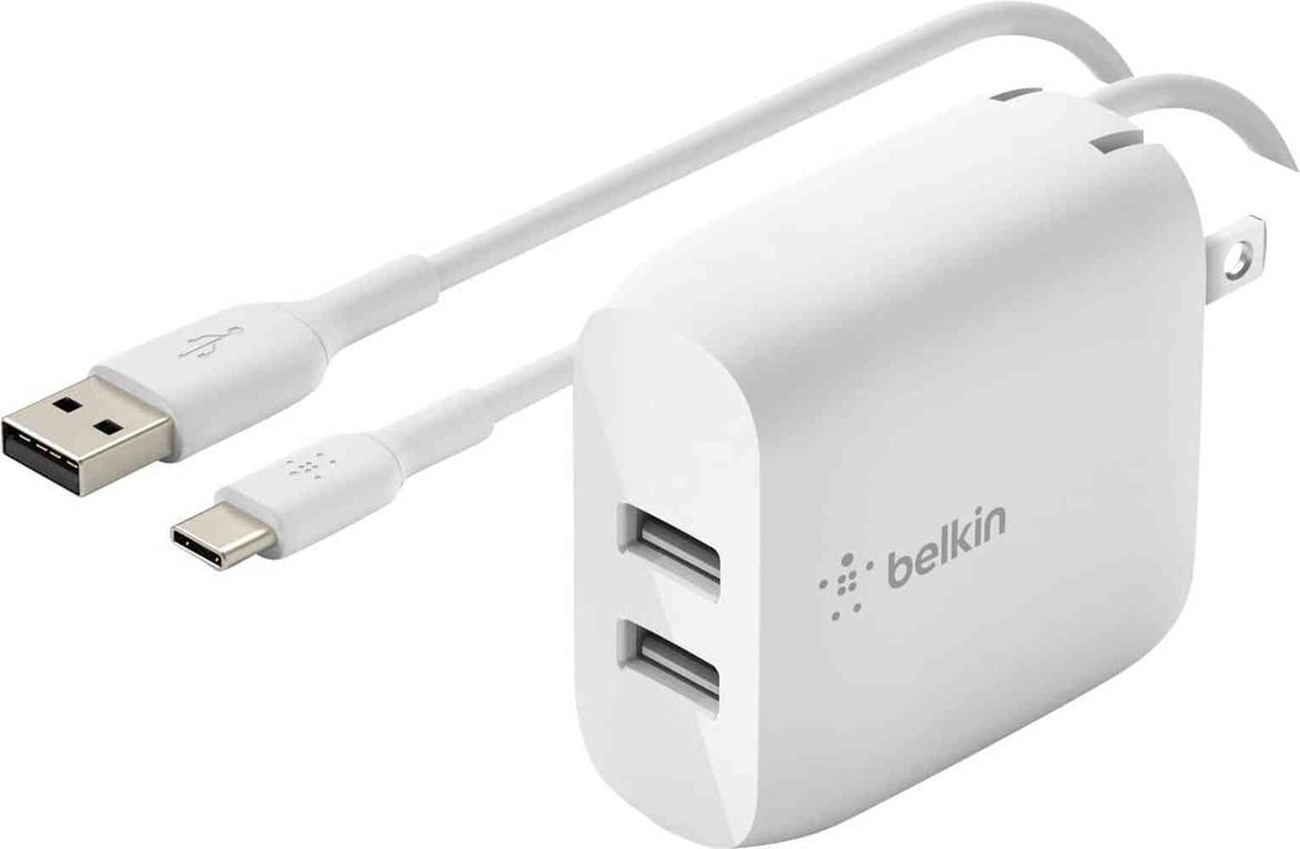 Belkin - 24W Dual Port USB Wall Charger with USB-C Cable - Fast Charging for iPhone Galaxy Pixel More - White