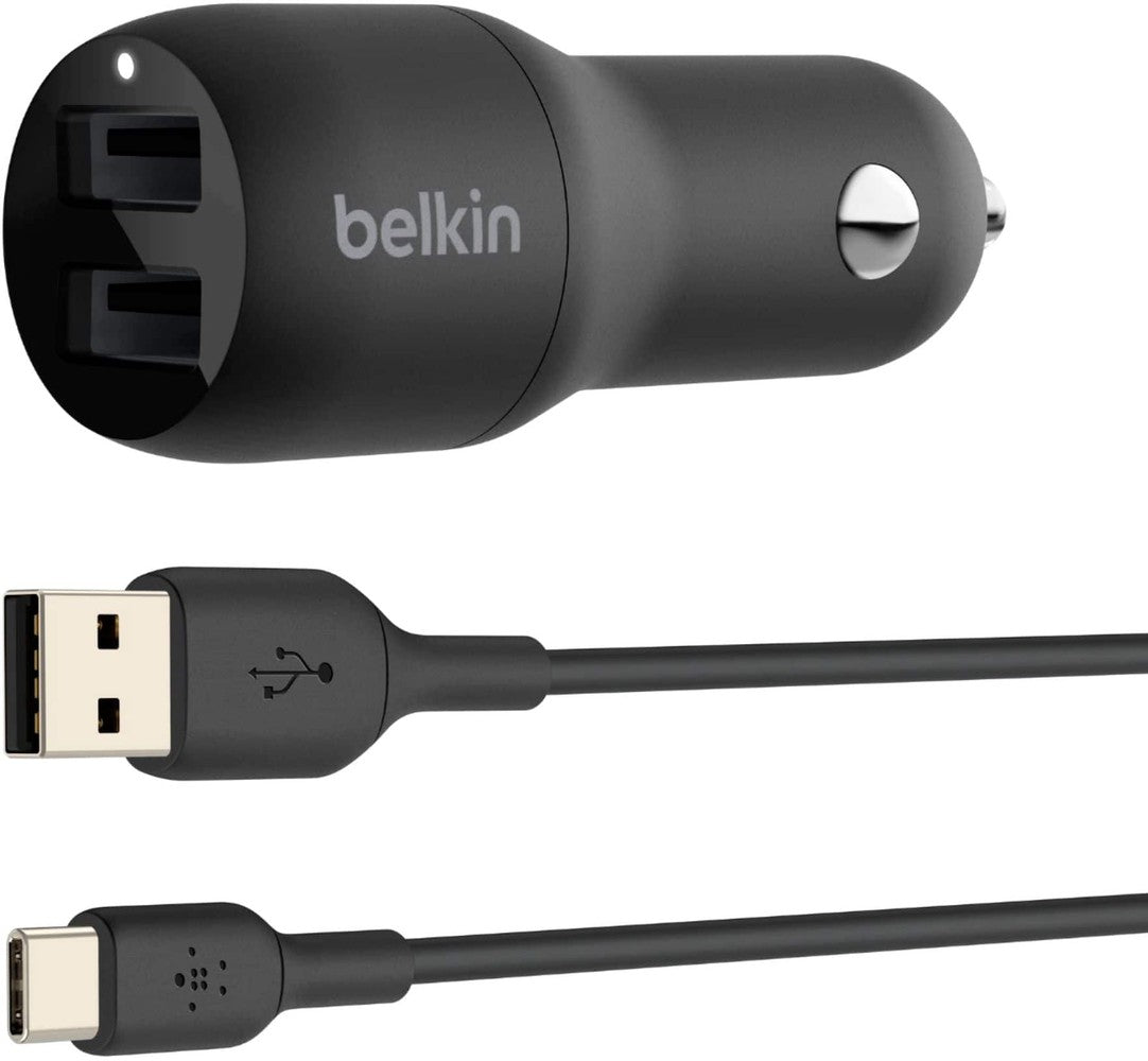Belkin - BOOSTCHARGE Dual USB-A Car Charger 24W + USB-A to USB-C Cable - Black