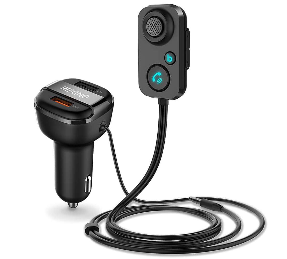 Rexing - AUX2 Mini Bluetooth Receiver with Dual USB Enhanced Bass and Voice Control - Black