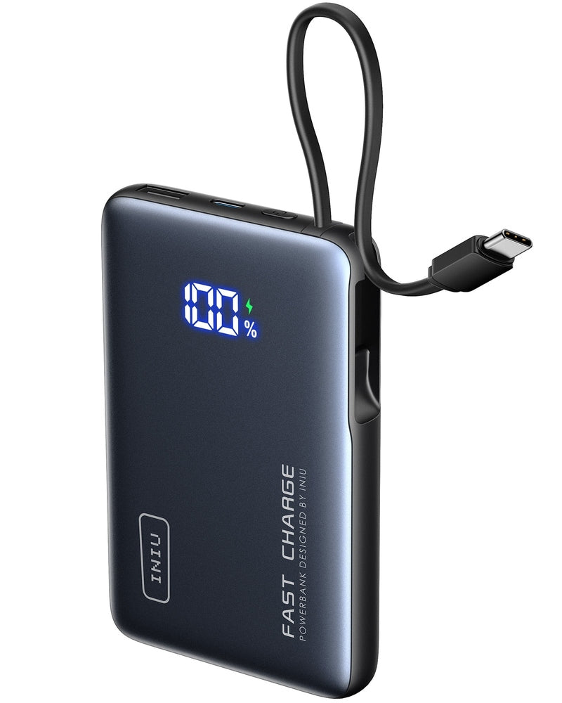 INIU - Pocket Power 10K Power Bank with Built-In USB C Cable Compact 10000mAh PD 20W (INOUT) for iPhone Samsung etc - Black