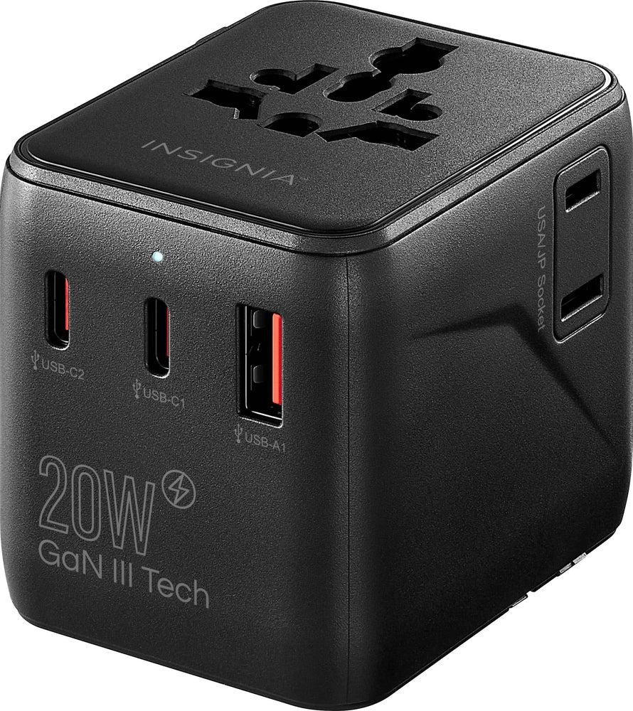Insignia - 20W Travel Adapter with 2 AC Outlets 2 USB-C Ports 1 USB Port - Black