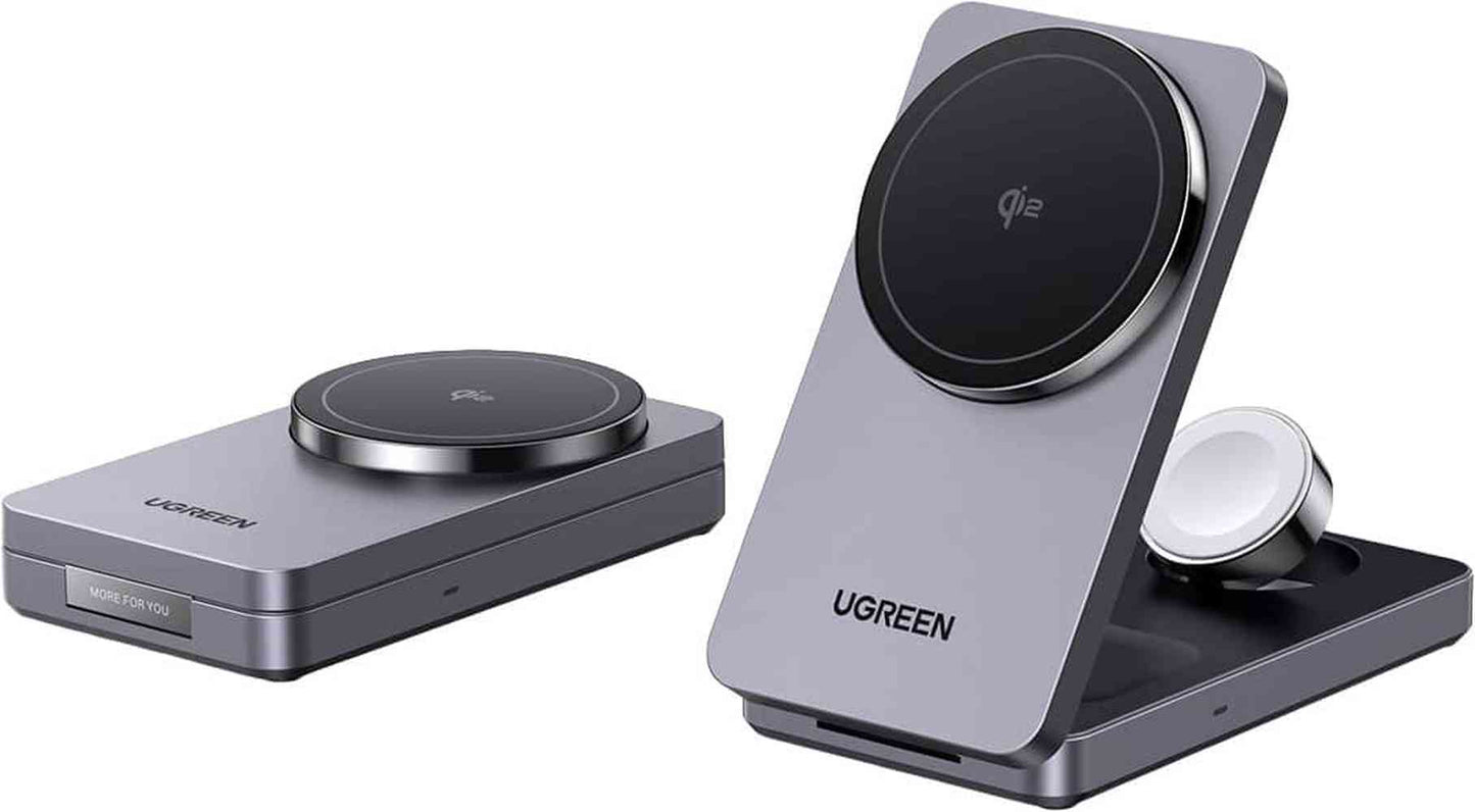UGREEN - MagFlow Qi2 15W Magnetic Wireless Charger Foldable 3-in-1 Fast Charging Station (Includes 30W USB-C Adapter) - Black