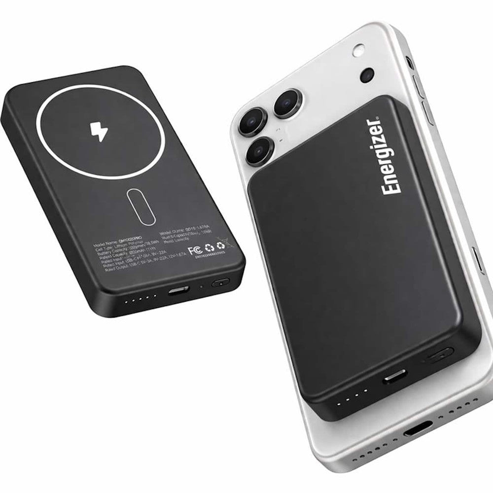 Energizer - 10000mAh SLIM METAL 20W Magnetic Wireless Qi/Qi2.0/MagSafe PowerBank Portable Charger 2 Outputs LED Display USB-C - Black