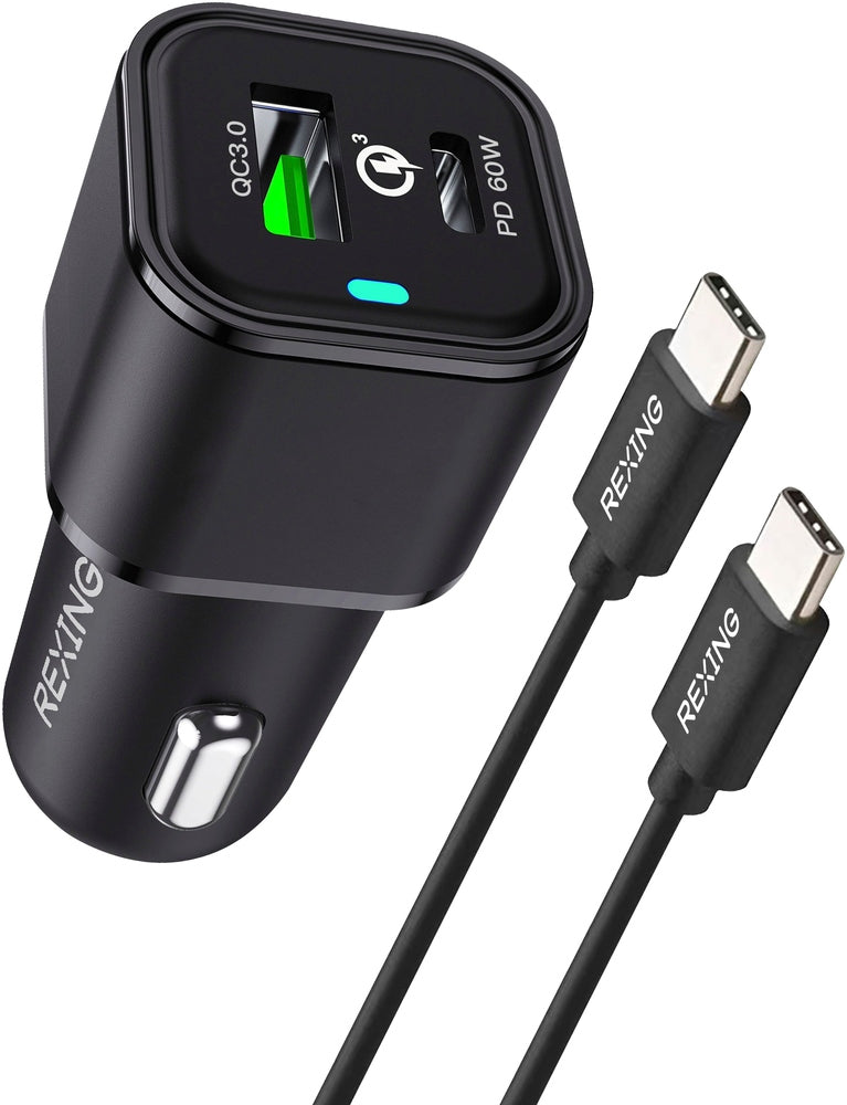Rexing - 78W Vehicle Quick Charger with 1 USB-C 1 USB Port Compatible with iPhone and Samsung Note - Black