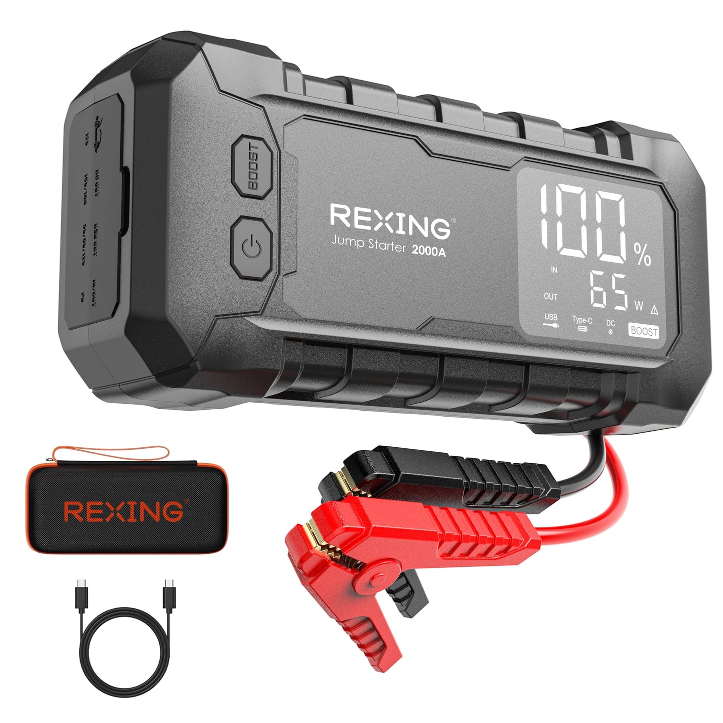 Rexing - RJ2000 2000A 12V Jump Starter 16000mAh Battery Booster 65W USB-C Fast Charge LED Display Emergency Light - Black