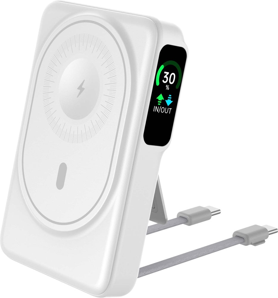 Energizer - 10000mAh 22.5W Magnetic Wireless Qi/Qi2.0/MagSafe PowerBank OLED Display Watch Charger 2 Built in USB-C Cables - White