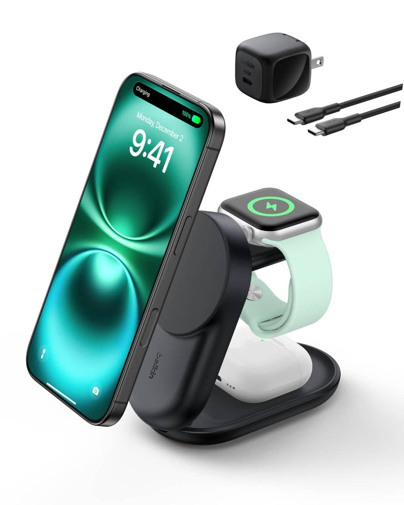 Belkin - 3-in-1 Foldable Magnetic Charging Stand 25W Qi2 MagSafe compatible charge iPhone compact travel-friendly design - Black