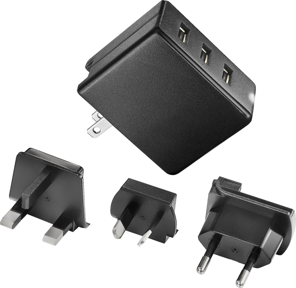 Insignia - 30W Foldable 3 USB Port Wall Charger with EU/UK/AU rechangeable plugs - Black