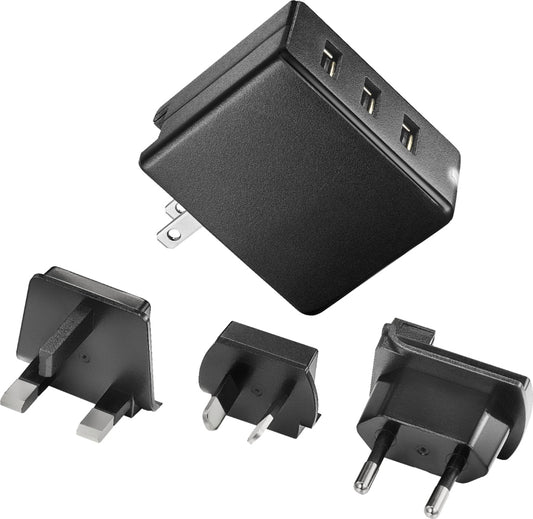 Insignia - 30W Foldable 3 USB Port Wall Charger with EU/UK/AU rechangeable plugs - Black