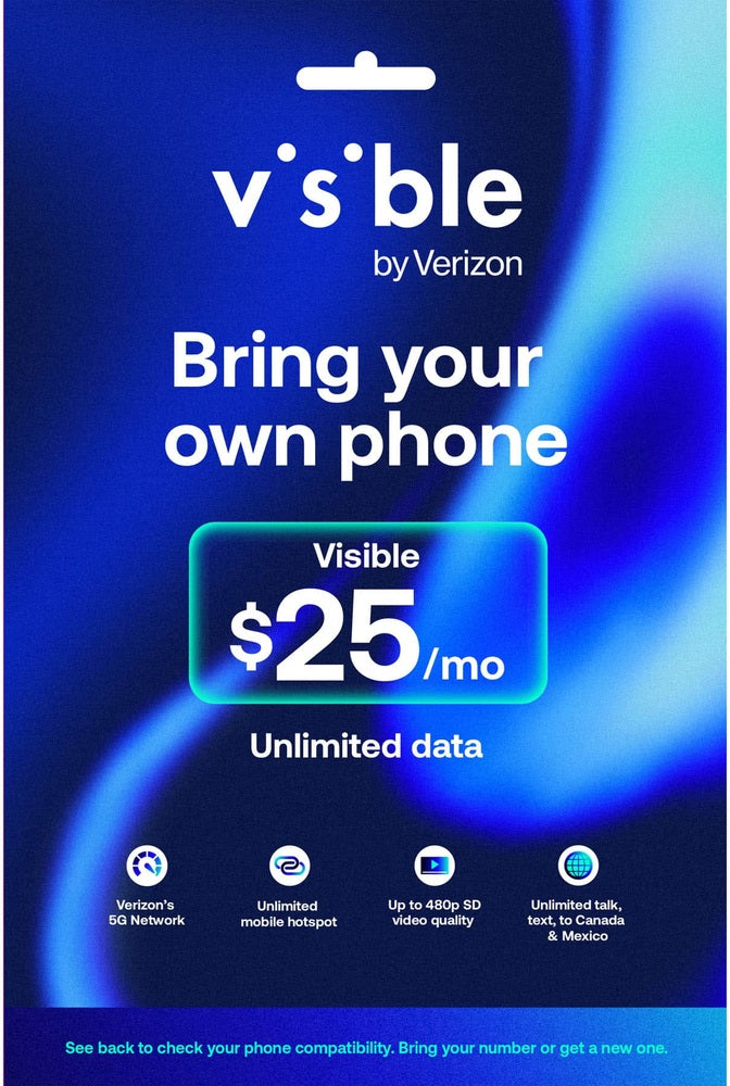 Visible - 25/mo plan + eSIM/pSIM Kit - Unlimited 5G data included - Blue