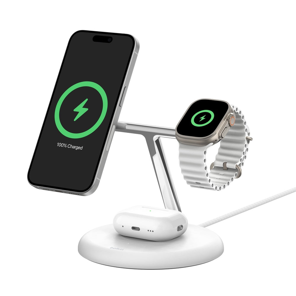 Belkin - 3-in-1 Stand 15W Qi2 Wireless Charger Fast Charging for iPhone 17 AirPods  Watch  More (36W Included) - White