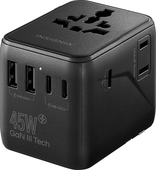 Insignia - 45W Travel Adapter with 2 AC Outlets 3 USB-C Ports  2 USB Ports - Black