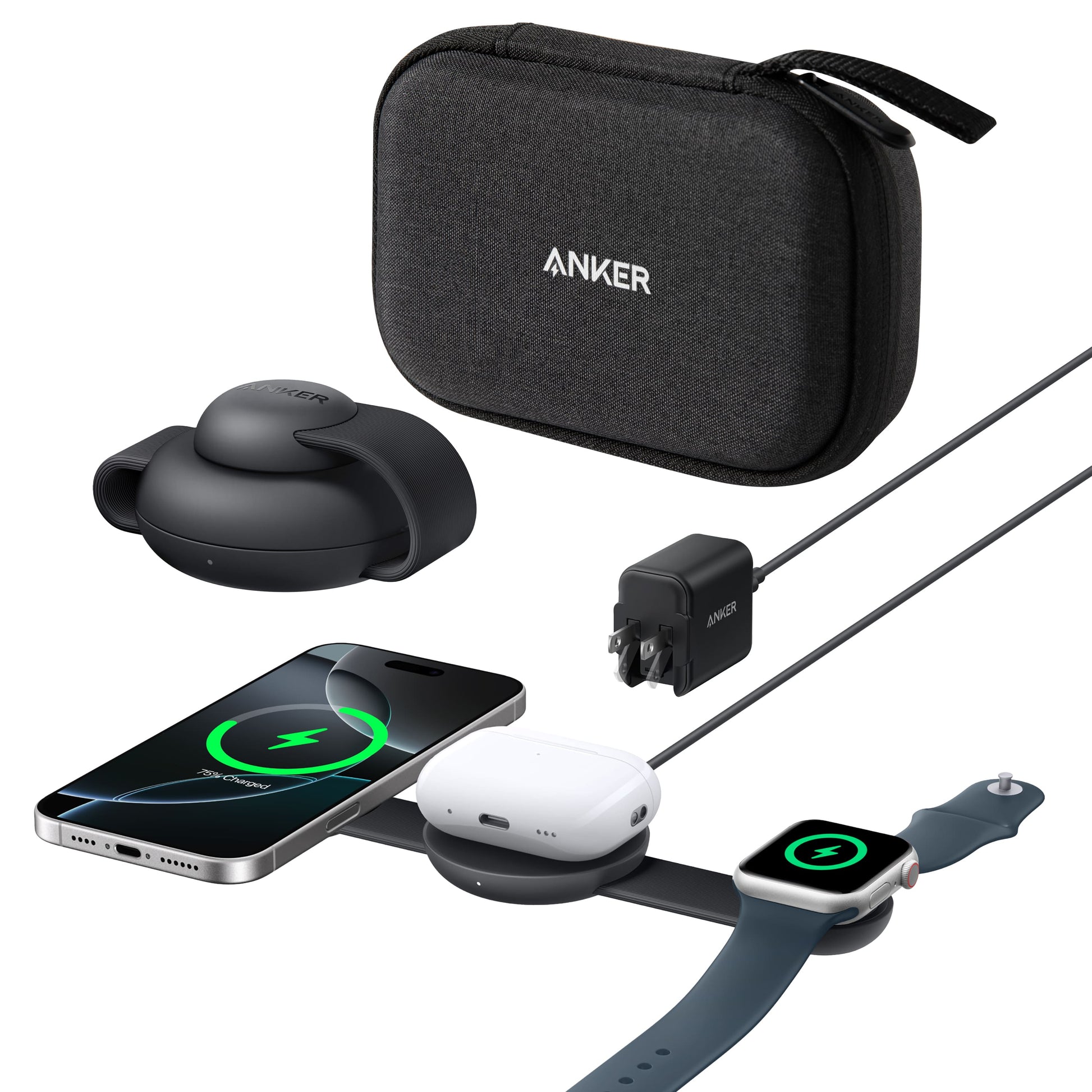 Anker - MagGo Wireless Charging Station (3-in-1 Foldable Pad with Travel Case Included) - Black