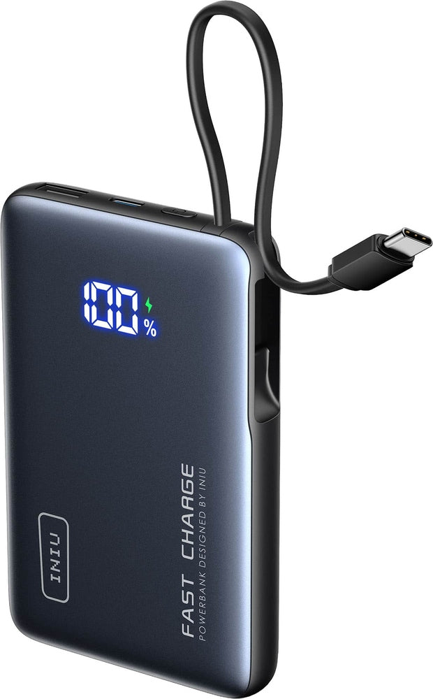 INIU - Portable Charger Compact 10000mAh PD 45W Power Bank with Built-in Cable  Digital Display for iPhone Samsung etc - Black