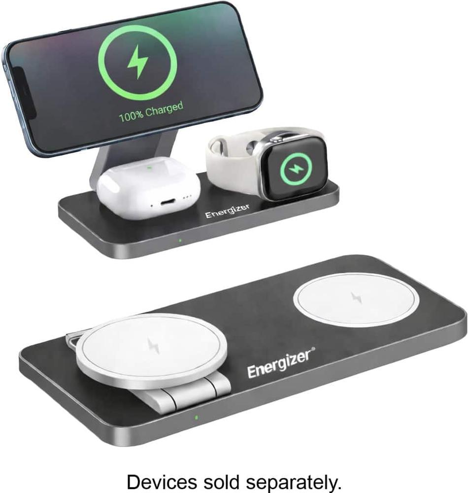 Energizer - 3-in-1 15W Magnetic MagSafe/Qi2 Compatible Fast 15W Charger Charging Station/Stand for iPhone + AirPods +  Watch - Black