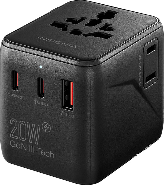 Insignia - 20W Travel Adapter with 2 AC Outlets 2 USB-C Ports  1 USB Port - Black