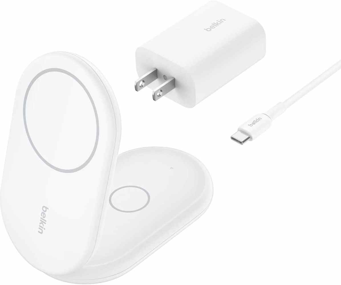 Belkin - 2-in-1 Magnetic Foldable Wireless Charger with Qi2 15W Stand MagSafe Compatible for iPhone  AirPods - White