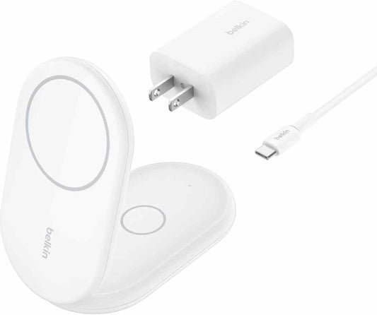 Belkin - 2-in-1 Magnetic Foldable Wireless Charger with Qi2 15W Stand MagSafe Compatible for iPhone  AirPods - White