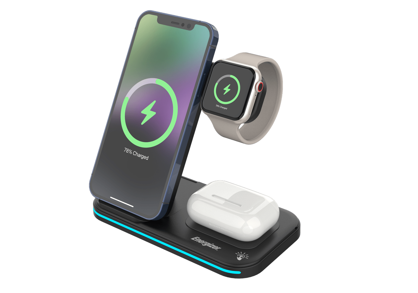 Energizer - 3-in-1 15W Foldable Qi Certified Wireless Fast 15W Charger Charging Station/Stand for iPhone + AirPods +  Watch - Black
