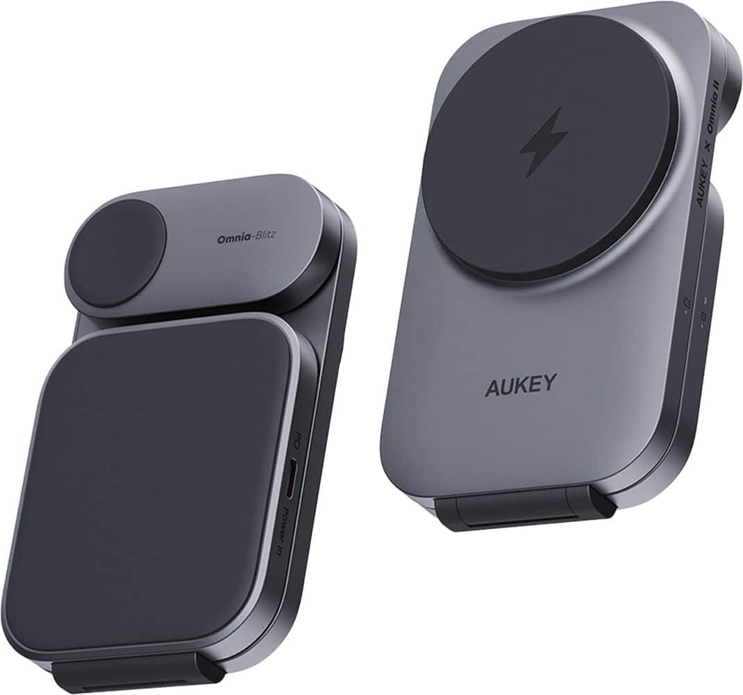 Aukey - MagFusion 3-in-1 Foldable Magnetic Wireless Charger (Qi 2.0 30W  Charging Plug) - Gray
