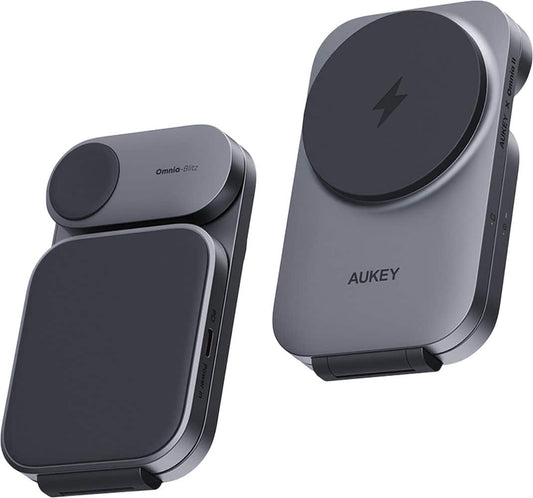 Aukey - MagFusion 3-in-1 Foldable Magnetic Wireless Charger (Qi 2.0 30W  Charging Plug) - Gray