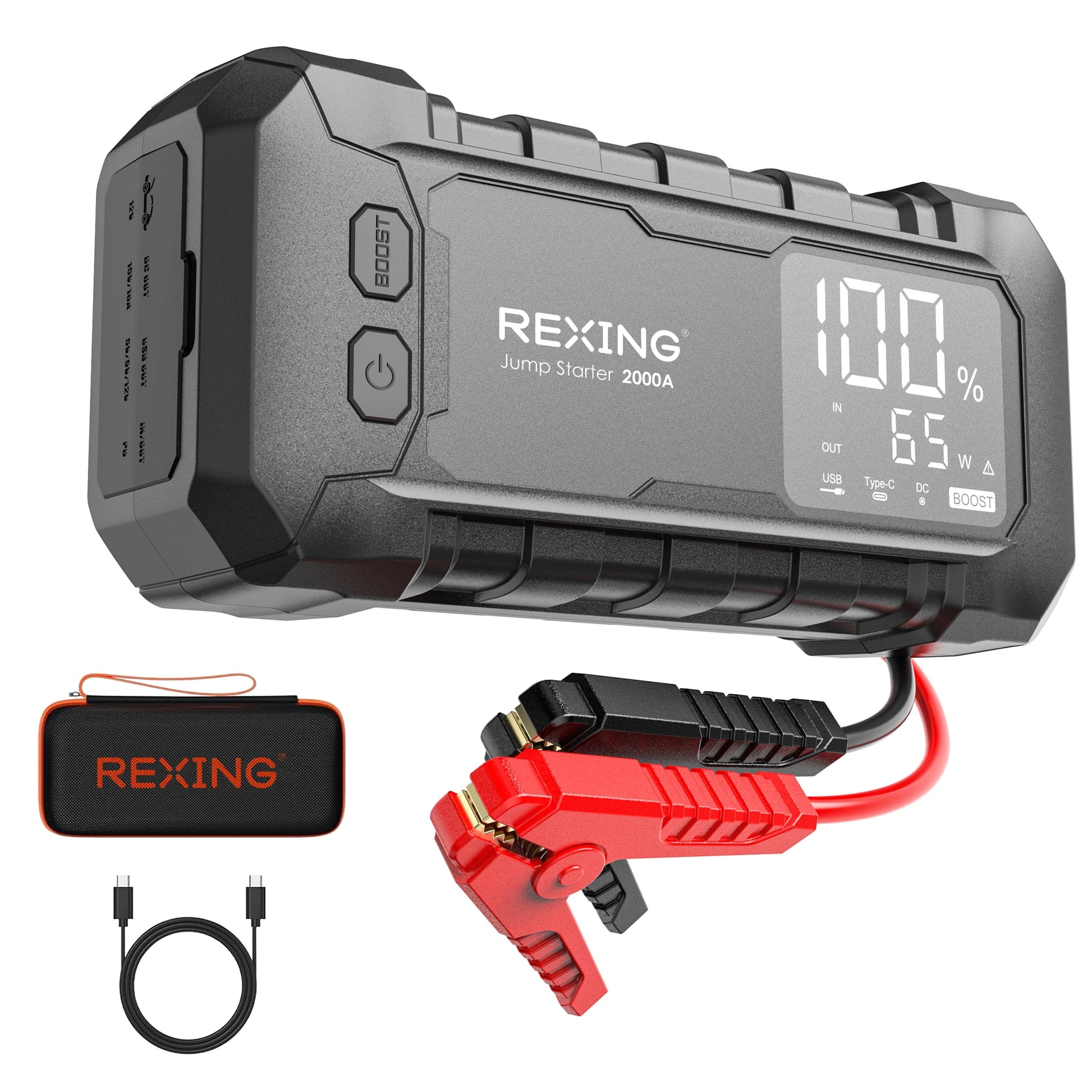 Rexing - RJ2000 2000A 12V Jump Starter 16000mAh Battery Booster 65W USB-C Fast Charge LED Display  Emergency Light - Black