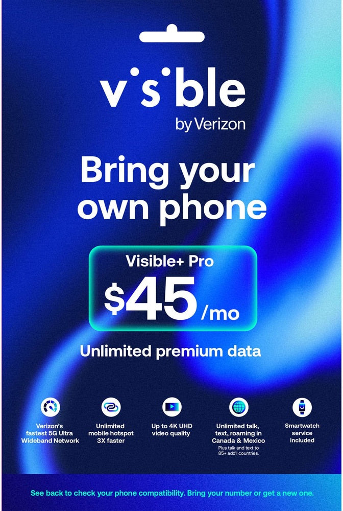 Visible - Visible+ Pro 45/mo Plan + eSIM/pSIM Kit - Unlimited 5G data included - Blue