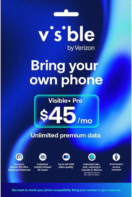 Visible - Visible+ Pro 45/mo Plan + eSIM/pSIM Kit - Unlimited 5G data included - Blue